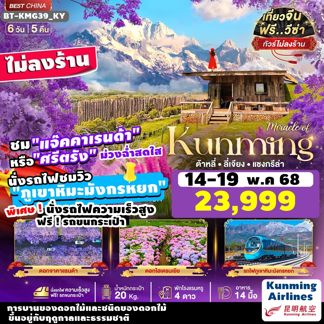 BT-KMG39_KY ทัวร์จีน คุนหมิง ต้าหลี่ ลี่เจียง แชงกรีล่า ชมดอกศรีตรัง นั่งรถไฟชมวิวภูเขาหิมะมังกรหยก นั่งรถไฟความเร็วสูง แถมรถขนกระเป๋า 6 วัน 5 คืน KY