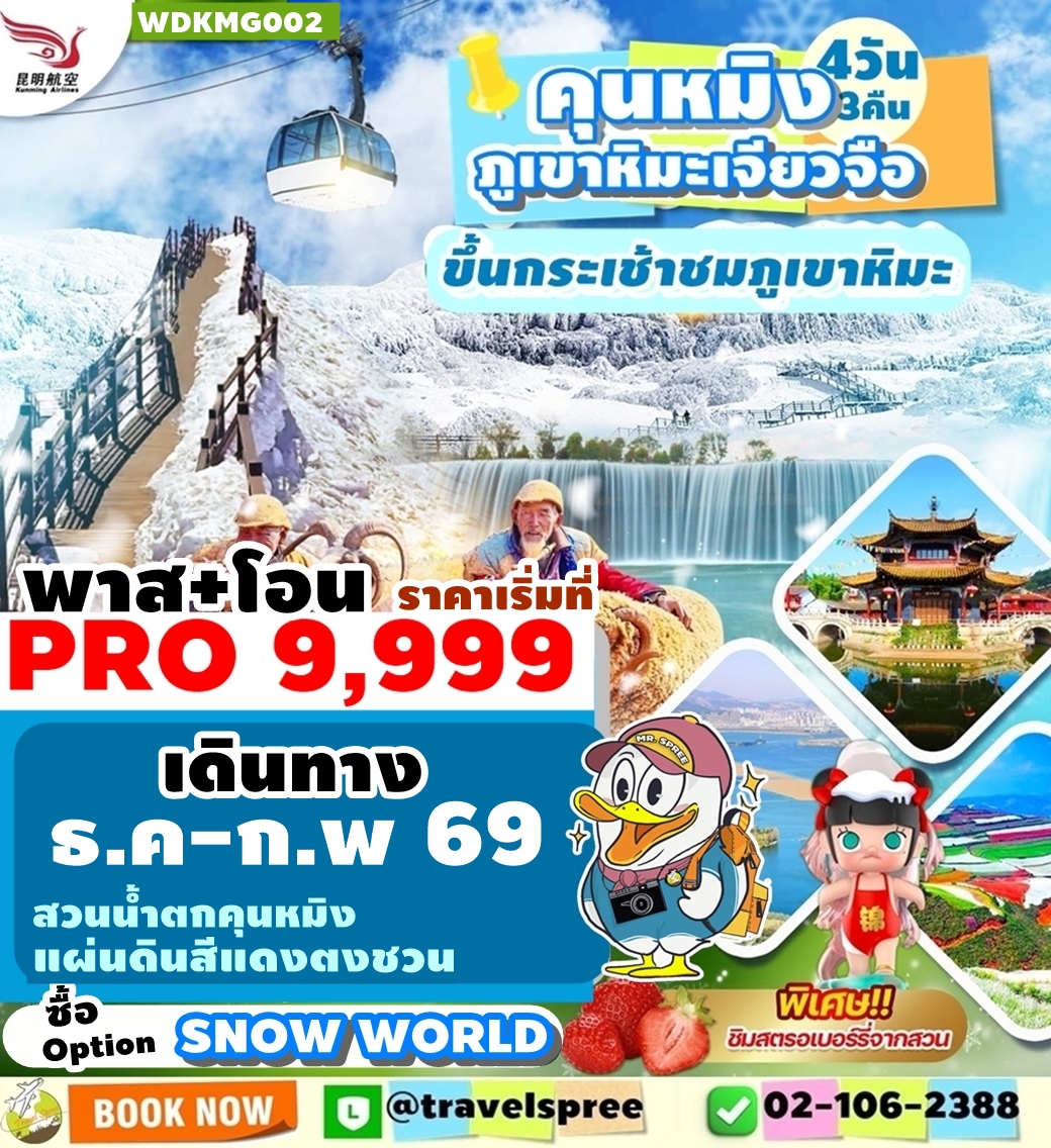 WDKMG002 คุนหมิง เจียวจือ สวนน้ำตกคุนหมิง แผ่นดินสีแดงตงชวน ทะเลสาบเตียนฉือ ออฟชั่นSnowworld 4วัน3คืน KY