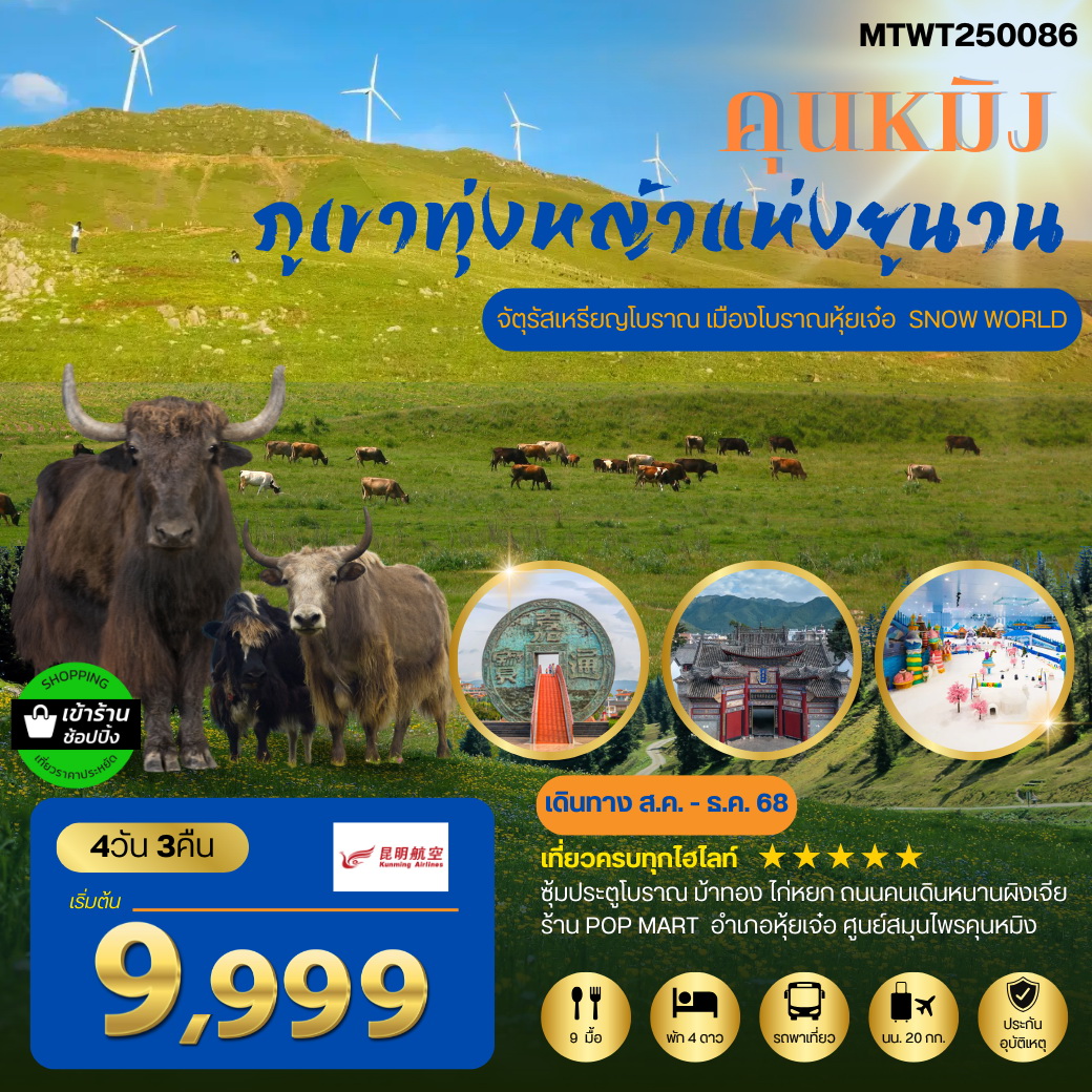 ทัวร์จีน ภูเขาทุ่งหญ้าแห่งมณฑลยูนาน มหานครคุนหมิง จัตุรัสเหรียญโบราณ-เมืองโบราณหุ้ยเจ๋อ -SNOW WORLD 4วัน 3คืน (KY)