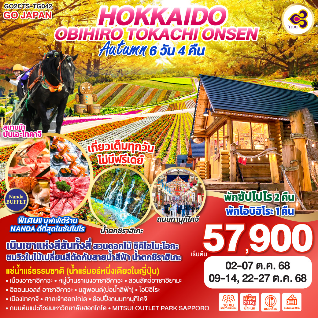 ทัวร์ญี่ปุ่น  HOKKKAIDO OBIHIRO TOKACHI ONSEN AUTUMN 6วัน 4คืน (TG)