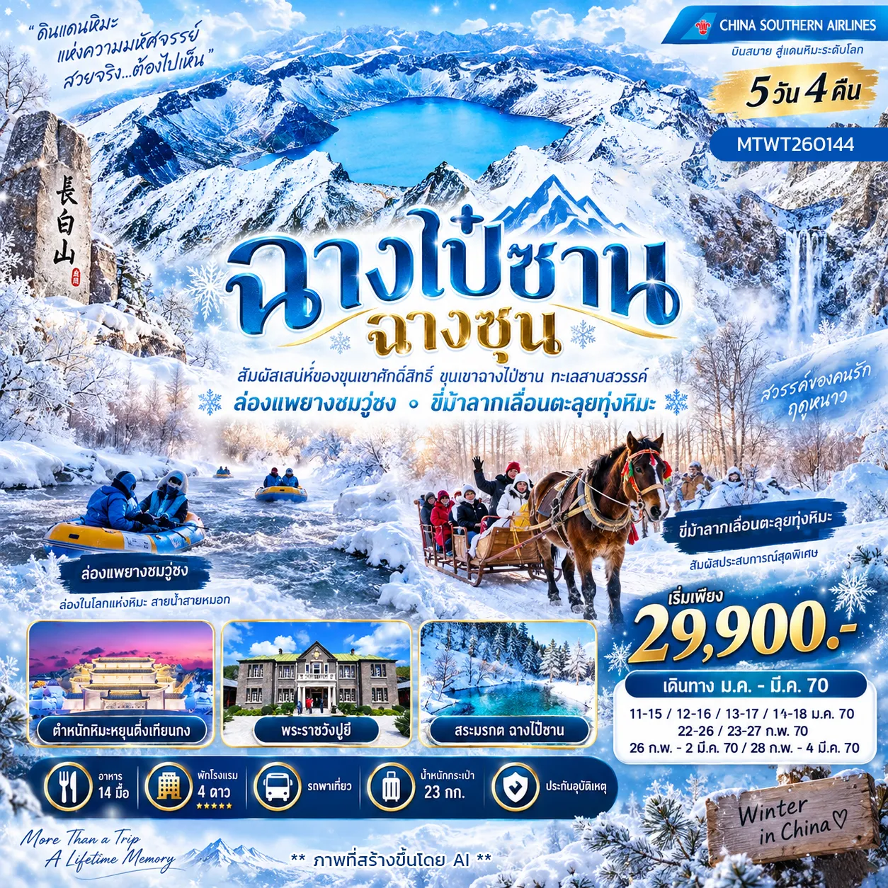 ทัวร์จีน สัมผัสเสน่ห์ของขุนเขาศักดิ์สิทธิ์ ขุนเขาฉางไป๋ซาน ทะเลสาบสวรรค์  ขี่ม้าลากเลื่อนตะลุยทุ่งหิมะ ทุ่งป่าดงดิบที่ปกคลุมด้วยหิมะบริสุทธิ์ ล่องแพยางชมเกล็ดหิมะวู่ซง ความมหัศจรรย์แห่งฤดูหนาว 5วัน 4คืน (CZ)